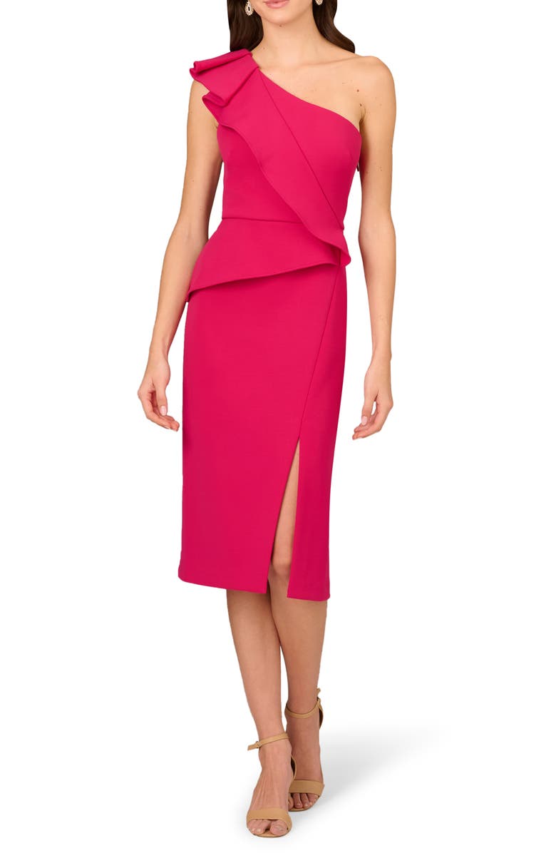 Aidan Mattox by Adrianna Papell One-Shoulder Crepe Cocktail Midi Dress, Main, color, 