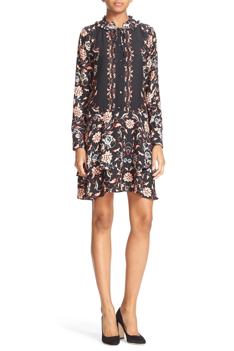 'Eden' Floral Print Silk Drop Waist Dress, Main, color, BOARDER EDELWEISS