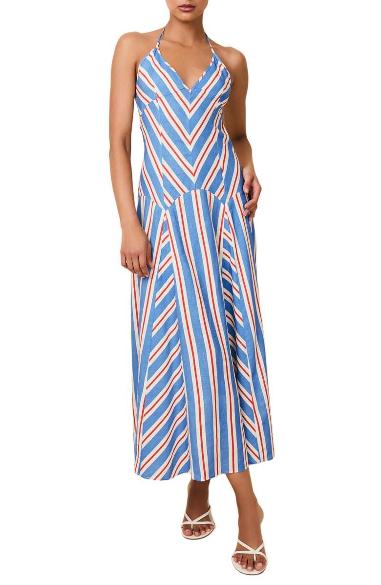 Solid & Striped The Alessio Stripe Linen Blend Halter Dress, Main, color, Americana Stripe