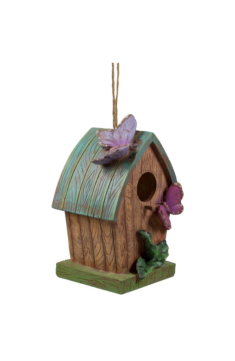 Northlight 10" Brown and Green Hanging Birdhouse with Butterflies Outdoor Garden Decor, Alternate, color, Brown