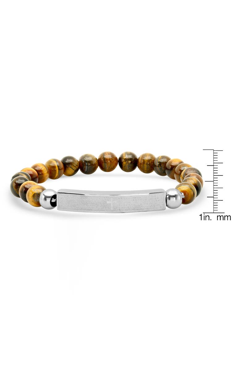 HMY JEWELRY Stainless Steel ID & Tiger Eye Beaded Bracelet, Alternate, color, Brown-Metallic