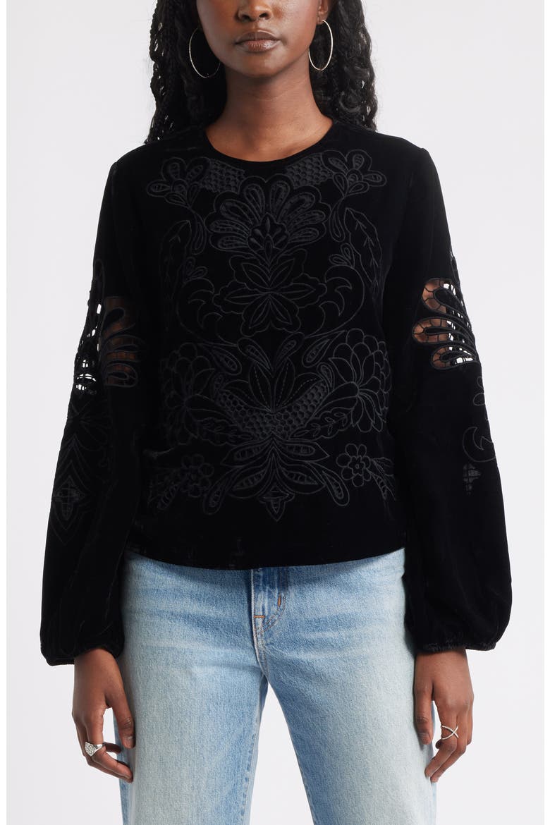 Velour Floral Cutwork Top, Main, color, BLACK