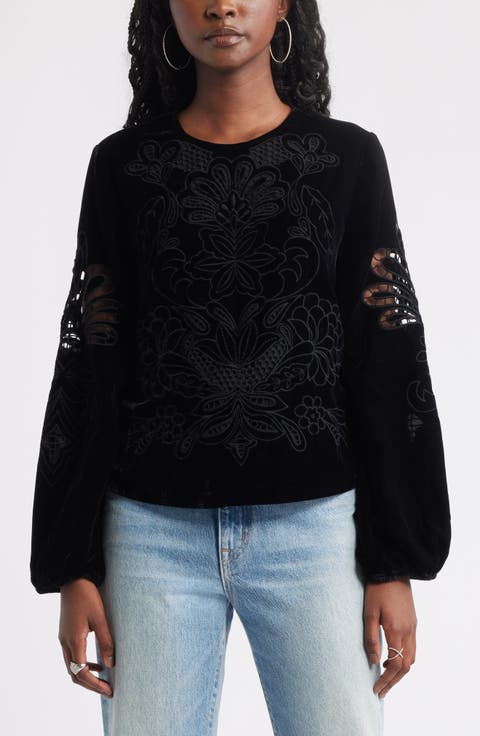 Velour Floral Cutwork Top