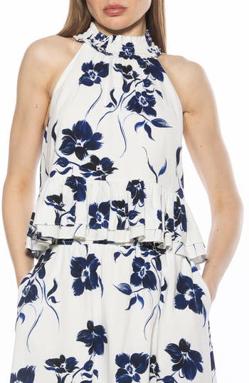Alexia Admor Roth Smocked Ruffle Halter Top In Ivory Floral