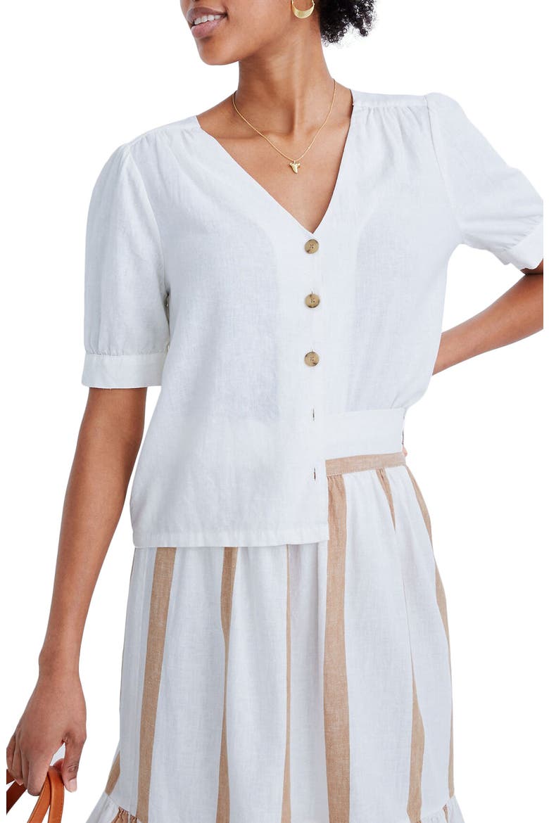 Plaza Button Front Linen Blend Shirt, Main, color, EYELET WHITE
