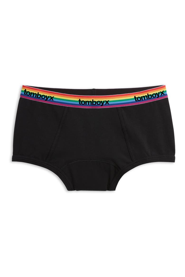 First Line Stretch Cotton Period Boyshorts, Main, color, BLACK RAINBOW LOGO
