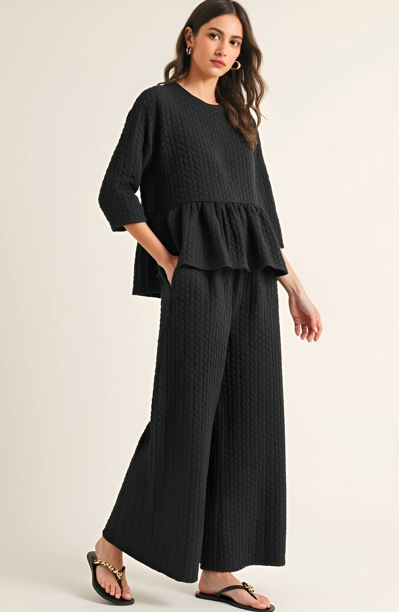 Modenaire Textured Peplum Top and Wide-Leg Pant Set with Relaxed Silhouette, Alternate, color, 