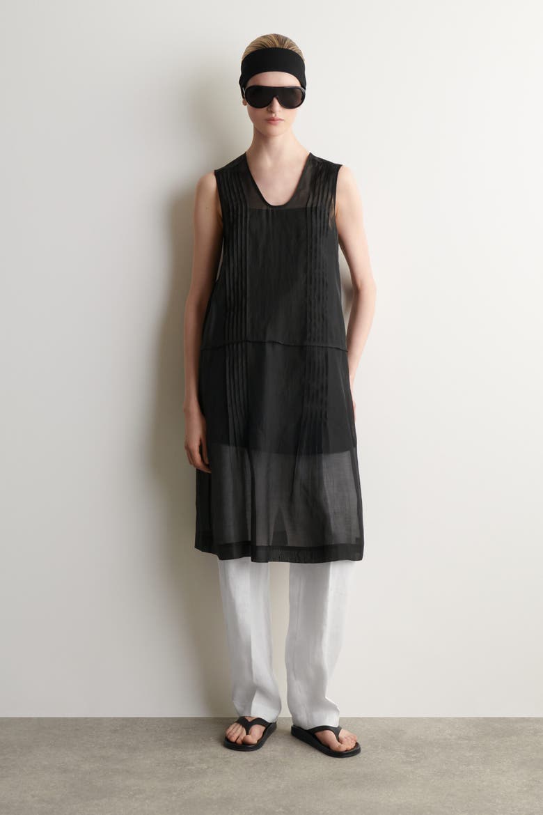 Sheer Pintucked Dress, Main, color, BLACK