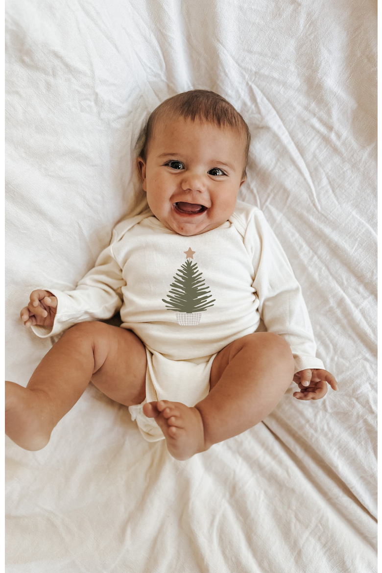 Holiday Tree - Organic Long Sleeve Baby Bodysuit, Alternate, color, Natural Olive Design