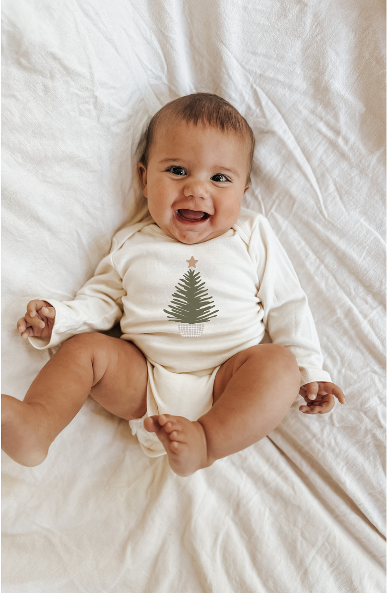 Tenth & Pine Holiday Tree - Organic Long Sleeve Baby Bodysuit, Alternate, color, Natural Olive Design