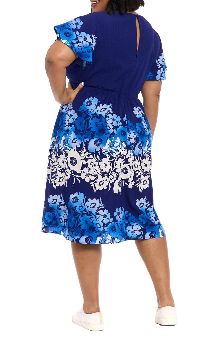 London Times Floral Flutter Sleeve Fit & Flare Dress, Alternate, color, Navy/ Cobalt