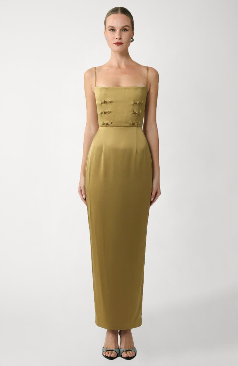SAU LEE Taylor Knot Detail Satin Column Gown, Alternate, color, Golden Olive