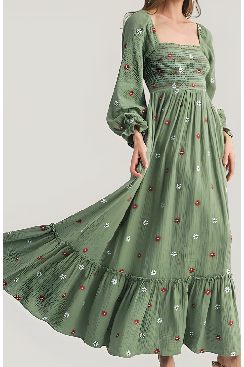 Floral-Embroidered Smocked Tiered Open-Back Maxi Dress, Alternate, color, Floral