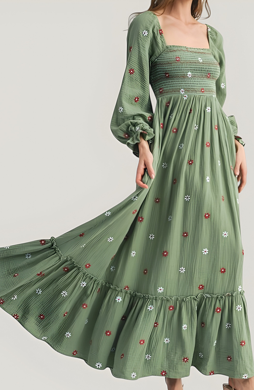 Modenaire Floral-embroidered Smocked Tiered Open-back Maxi Dress In Green