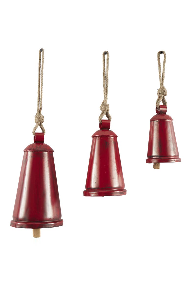 Eclectic Set of 3 Metal Decorative Meditation Bells, Main, color, RED