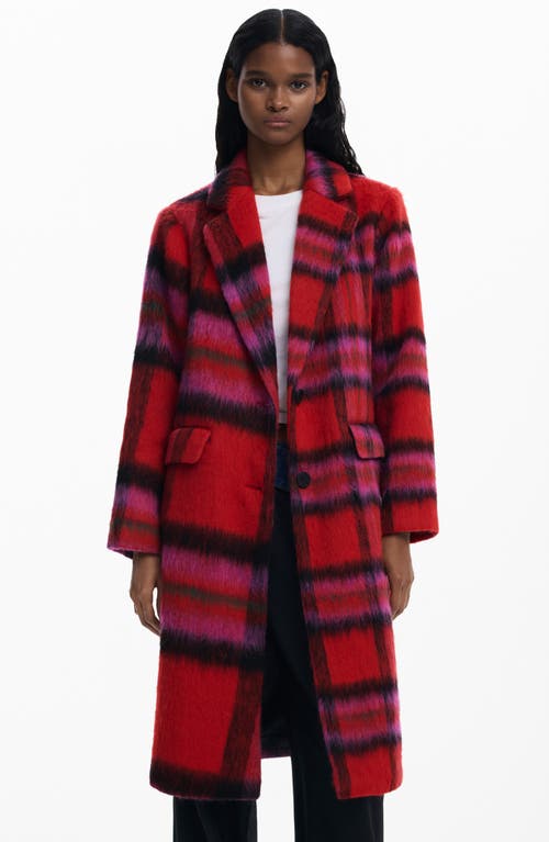 Desigual Tartan Plaid Fuzzy Coat In Red