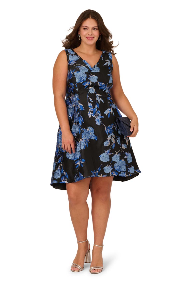 Metallic Floral High-Low Cocktail Dress, Alternate, color, BLUE/ BLACK MULTI