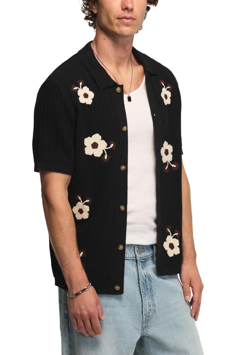 Crochet Flower Short Sleeve Cardigan, Alternate, color, CAVIAR
