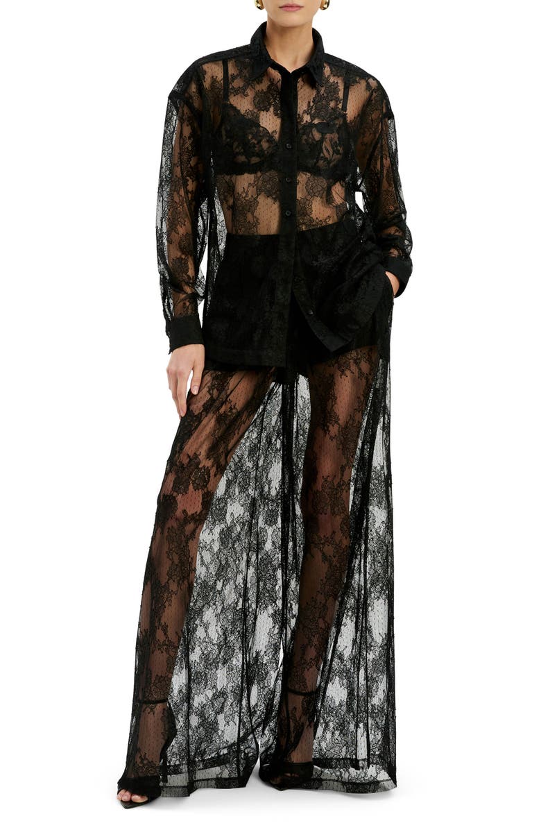 Bardot Aleida Oversize Sheer Lace Shirt, Alternate, color, Black