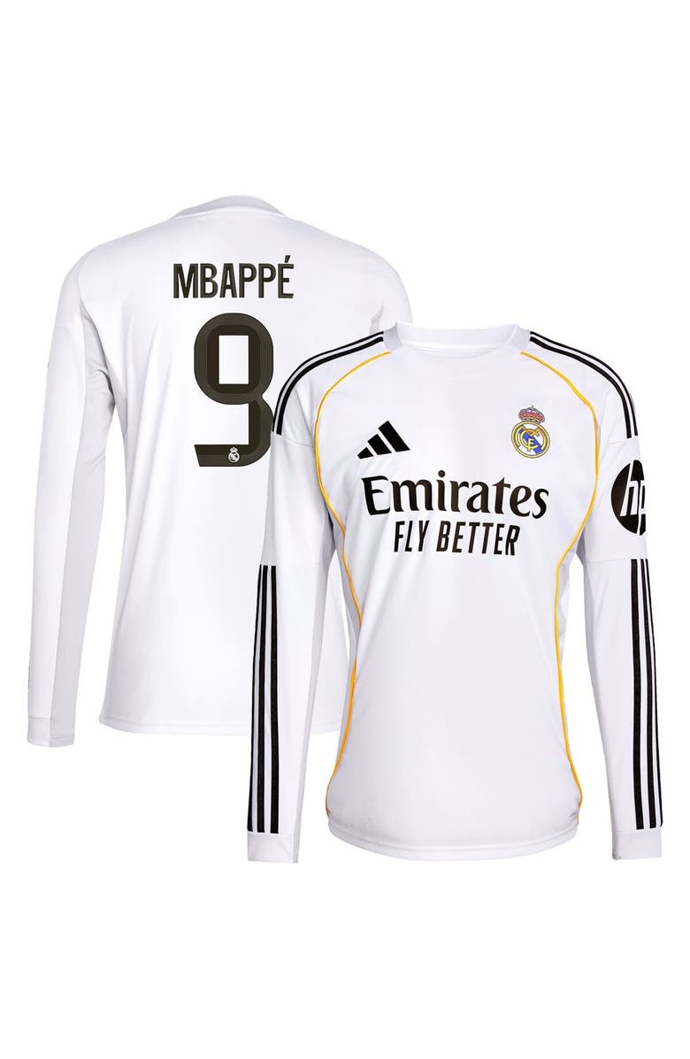 adidas Men's adidas Kylian Mbappé White Real Madrid 2025/26 Home Replica Long Sleeve Jersey, Alternate, color,