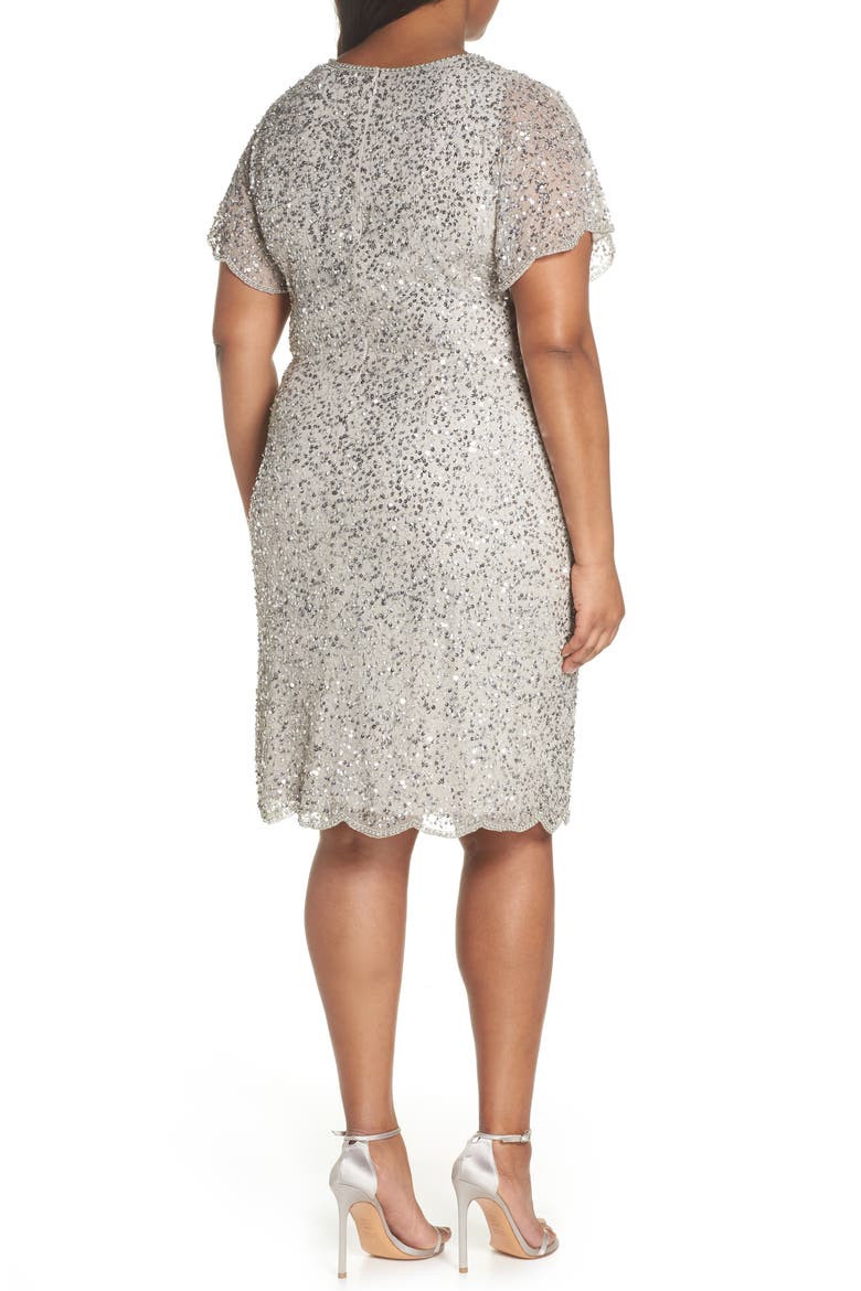 Beaded Flutter Sleeve Sheath Dress, Alternate, color, SILVER