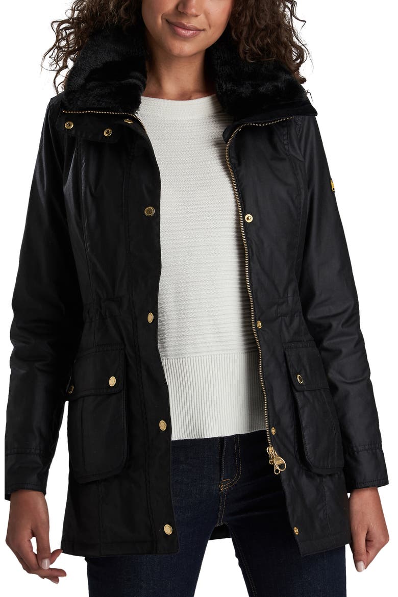 Barbour B.INTL Kirk Hooded Waxed Cotton Jacket with Faux Fur Trim, Main, color, BLACK