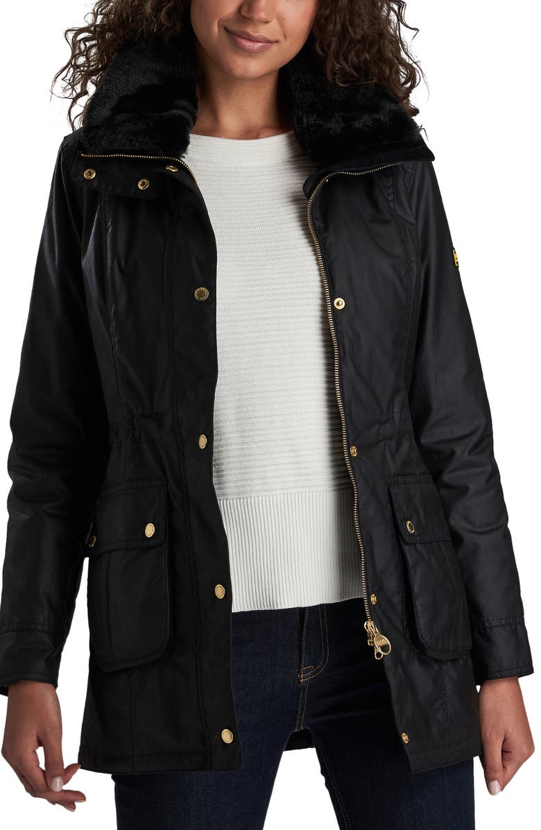 Barbour International Barbour B.INTL Kirk Hooded Waxed Cotton Jacket with Faux Fur Trim, Main, color, 