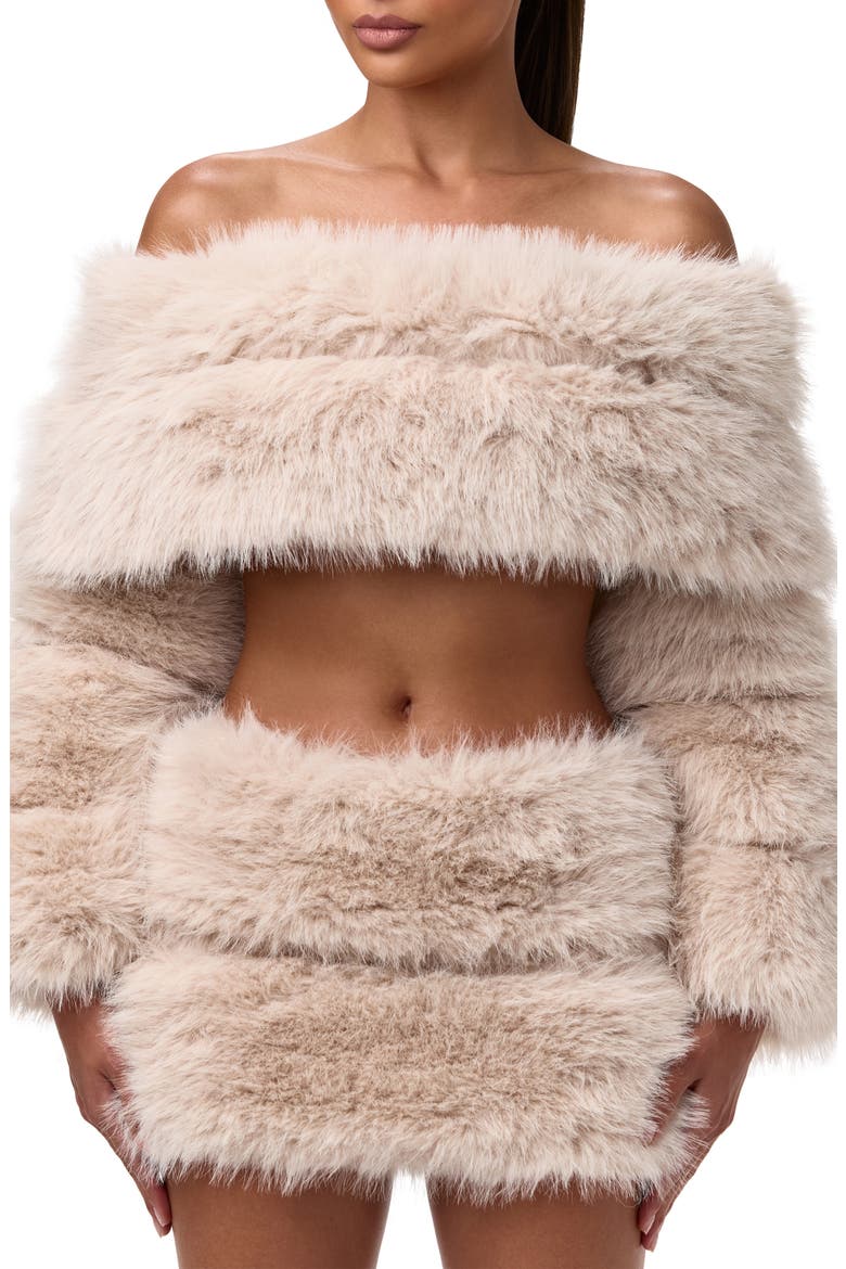 Faux Fur Off the Shoulder Long Sleeve Crop Top, Main, color, TAUPE
