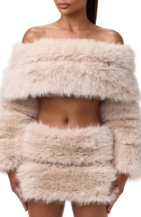 Faux Fur Off the Shoulder Long Sleeve Crop Top
