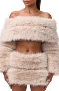 Naked Wardrobe Faux Fur Off the Shoulder Long Sleeve Crop Top