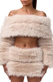 Naked Wardrobe Faux Fur Off the Shoulder Long Sleeve Crop Top