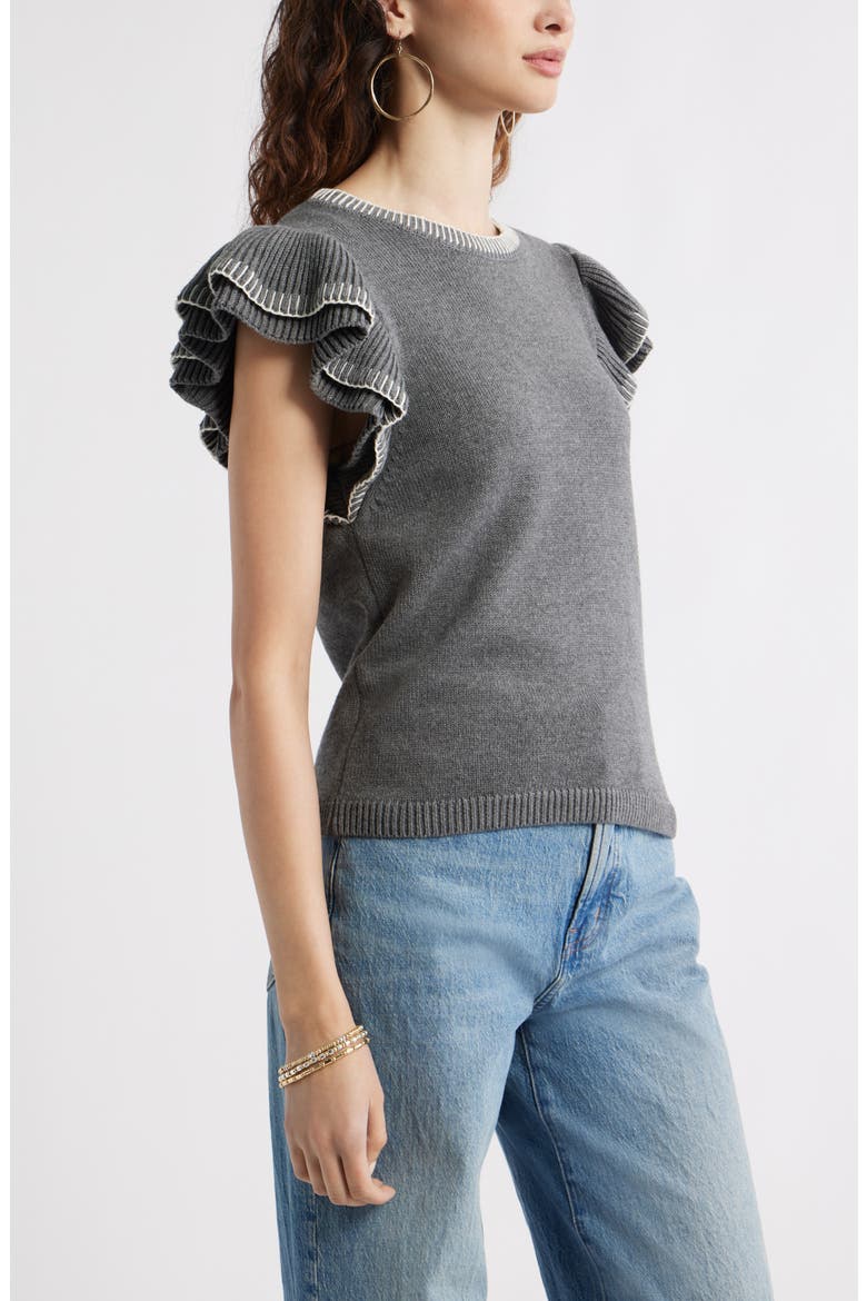 Flutter Sleeve Cotton Sweater, Alternate, color, GREY CHARCOAL HEATHER