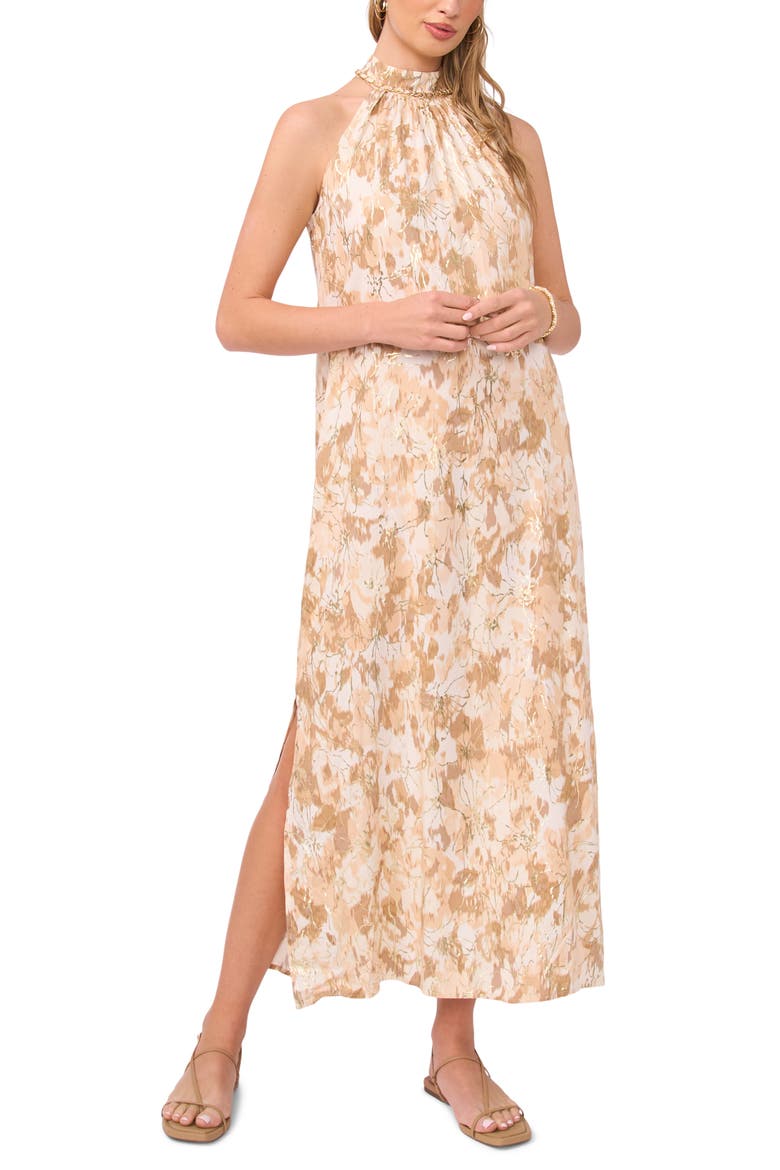 vince camuto halter neck dress Vince Camuto Floral Print Twist Halter Neck Sleeveless Gown, Womens, 4, Coral Multi