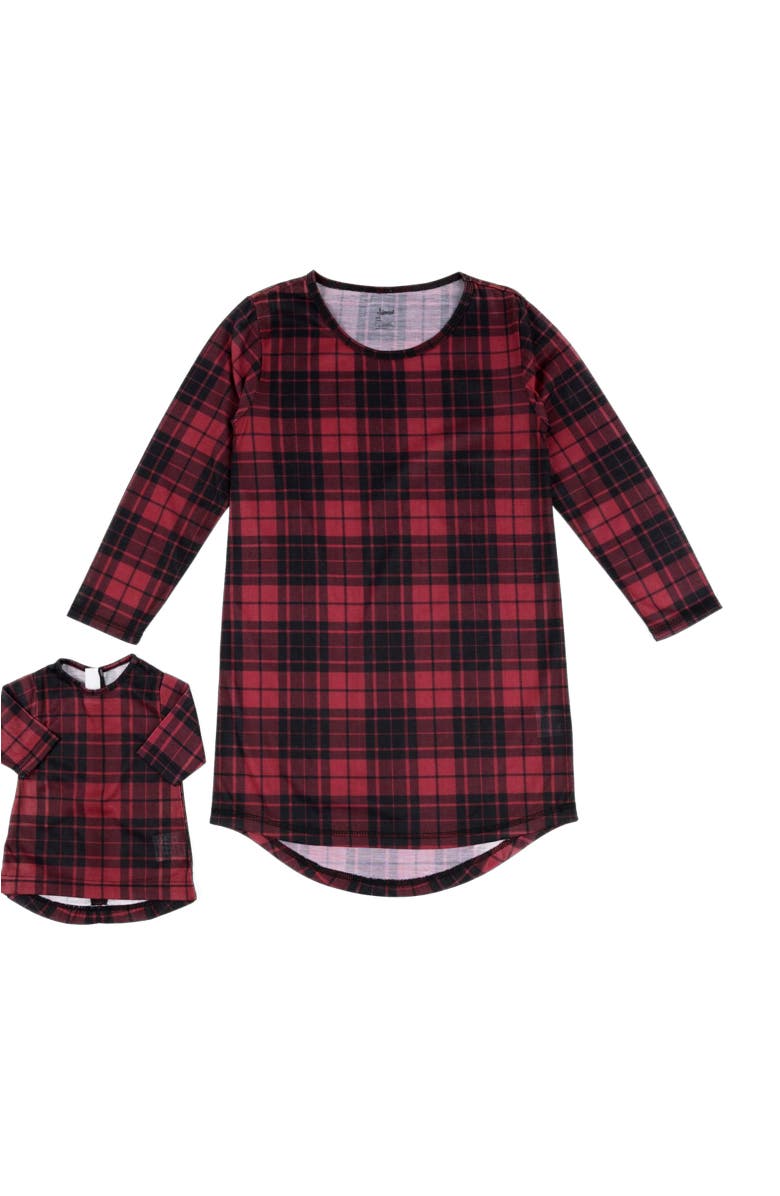 Leveret Girls Long Sleeve Nightgown with Matching Doll Nightgown, Printed Design, Main, color, Plaid Black & Red