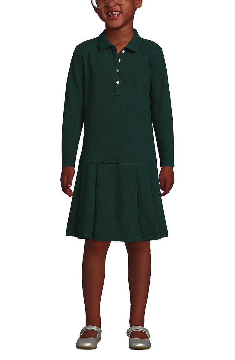 Lands' End Girls Long Sleeve Mesh Pleated Polo Dress, Main, color, Evergreen