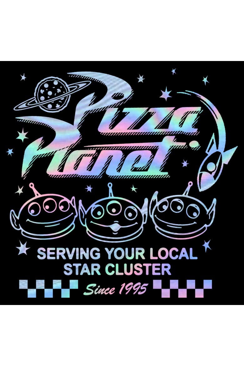 Men's Toy Story Holographic Pizza Planet Aliens  Graphic T-Shirt, Alternate, color, Black