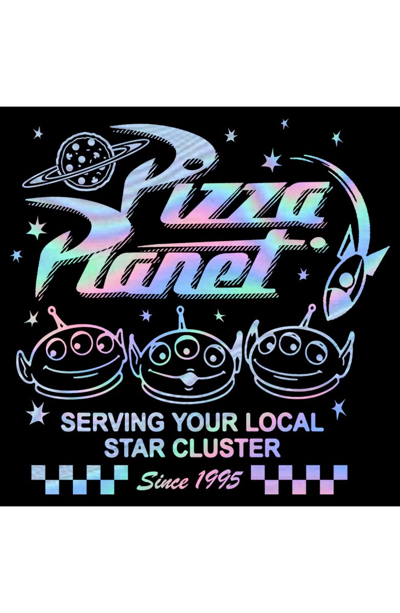 Toy Story Men's Toy Story Holographic Pizza Planet Aliens Graphic T-Shirt, Alternate, color, Black
