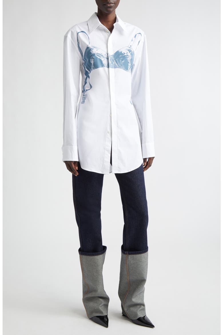 Scanned Bra Trompe l'Oeil Stretch Poplin Button-Up Shirt, Alternate, color, WHITE/ BLUE GREY