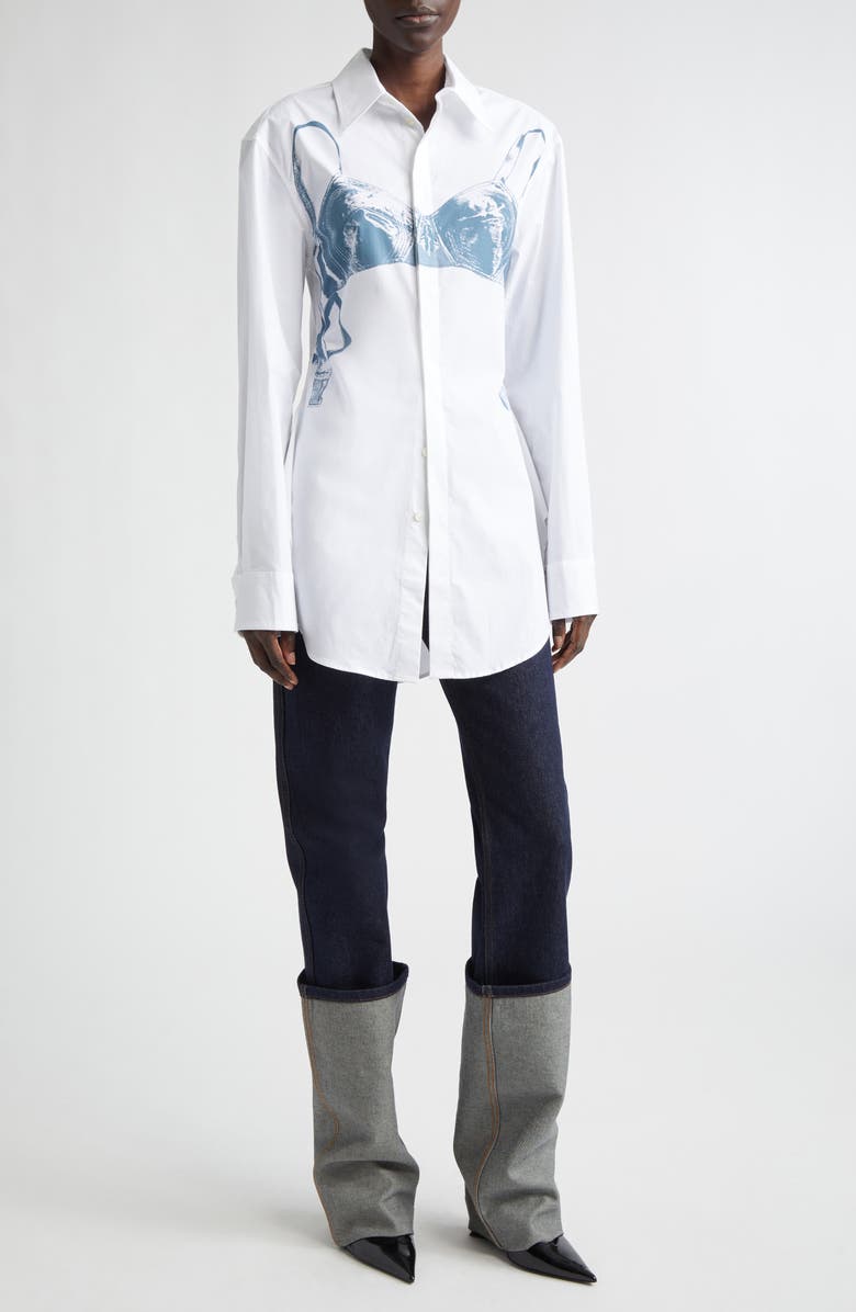 Jean Paul Gaultier Scanned Bra Trompe l'Oeil Stretch Poplin Button-Up Shirt, Alternate, color, White/ Blue Grey