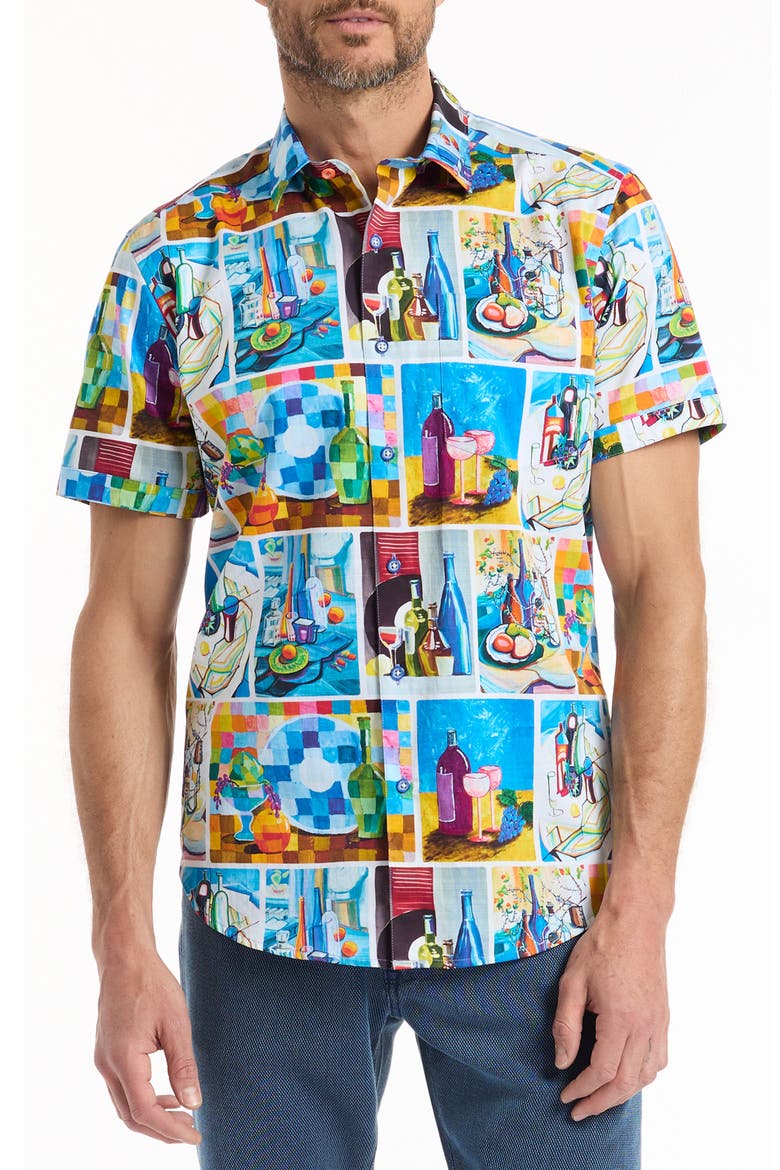 Wine & Dine Short Sleeve Cotton Button-Up Shirt, Main, color, WHITE/ BLUE MULTI