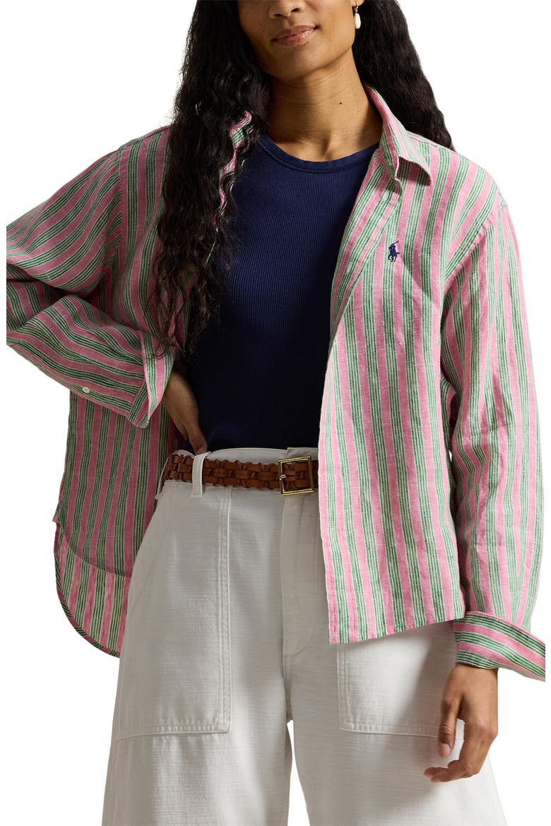 Stripe Linen Shirt, Main, color, BERRY/ GREEN MULTI