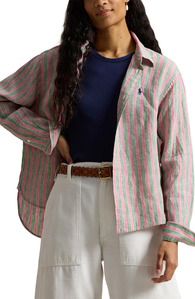 Polo Ralph Lauren Stripe Linen Shirt, Main, color, Berry/ Green Multi