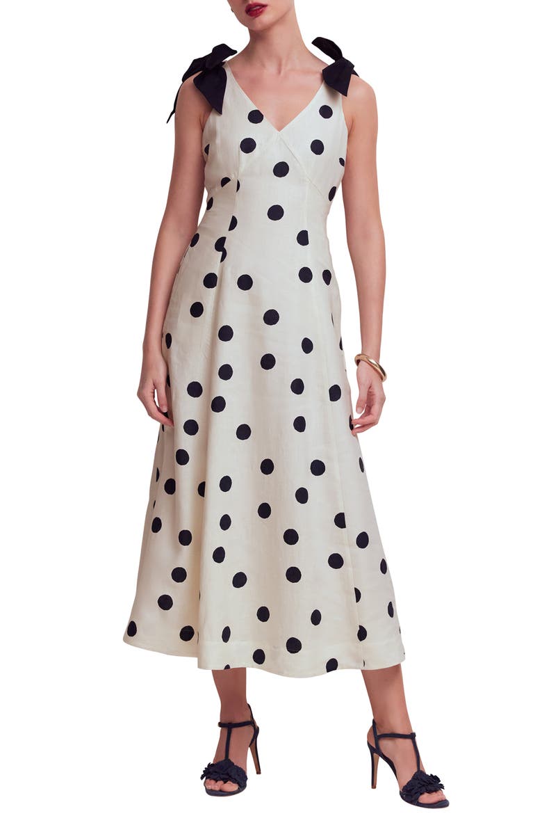 Boden Bow Detail Linen Empire Waist Dress, Main, color, Ivory Painted Dot Spaced