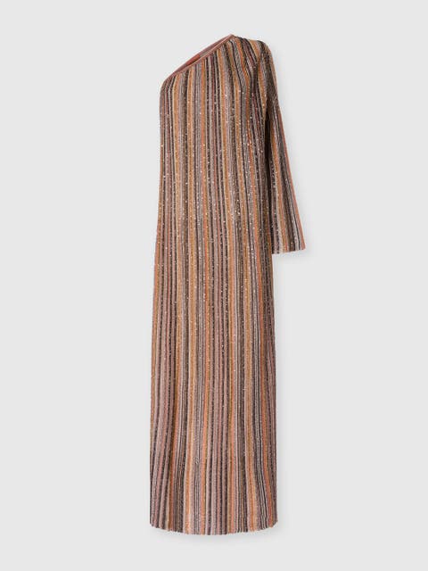 One-shoulder Long Dress In Ribbed Viscose Lamé