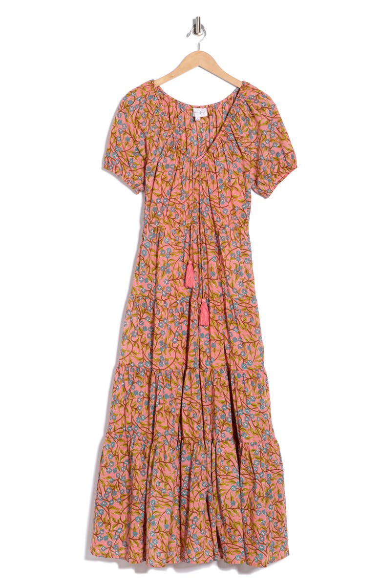 Maisie Short Sleeve Tiered Cotton Midi Dress, Main, color, Pink/ Turquoise