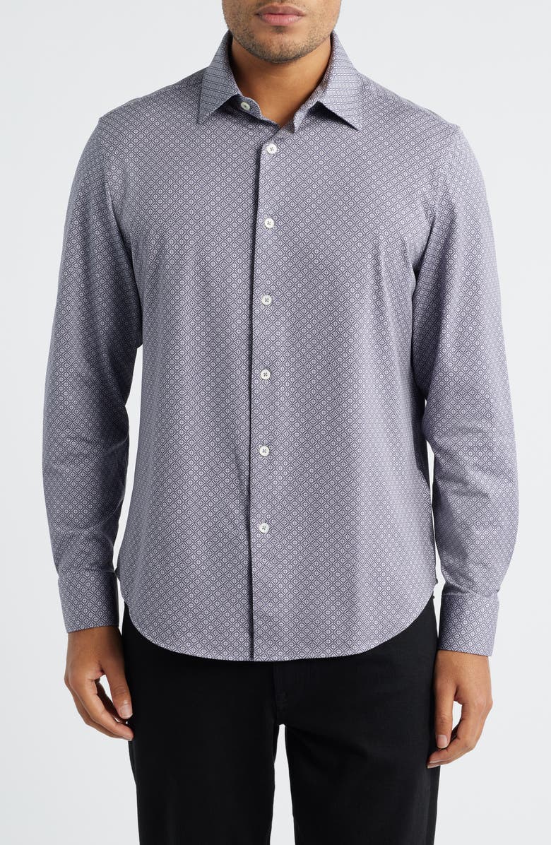 Bugatchi James OoohCotton<sup>®</sup> Mosaic Print Twill Button-Up Shirt, Main, color, Eggplant