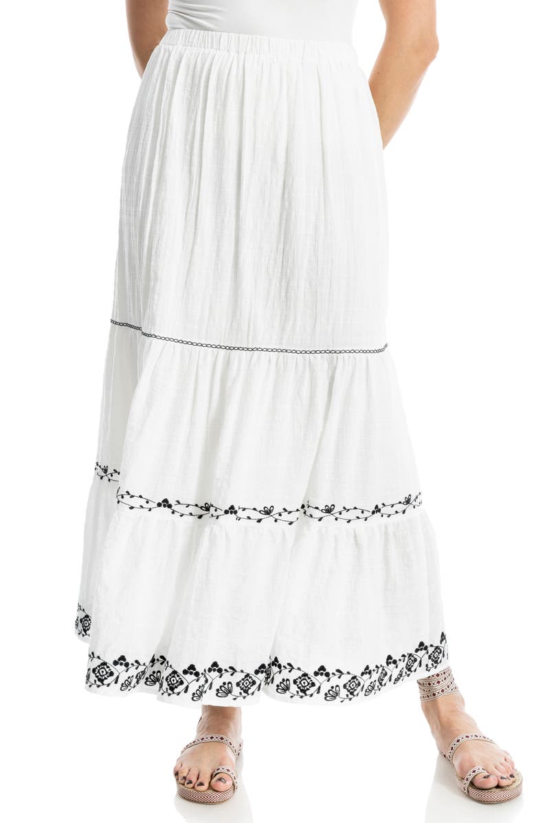 MAX STUDIO Floral Embroidered Tiered Maxi Skirt, Main, color, White/ Black Vine