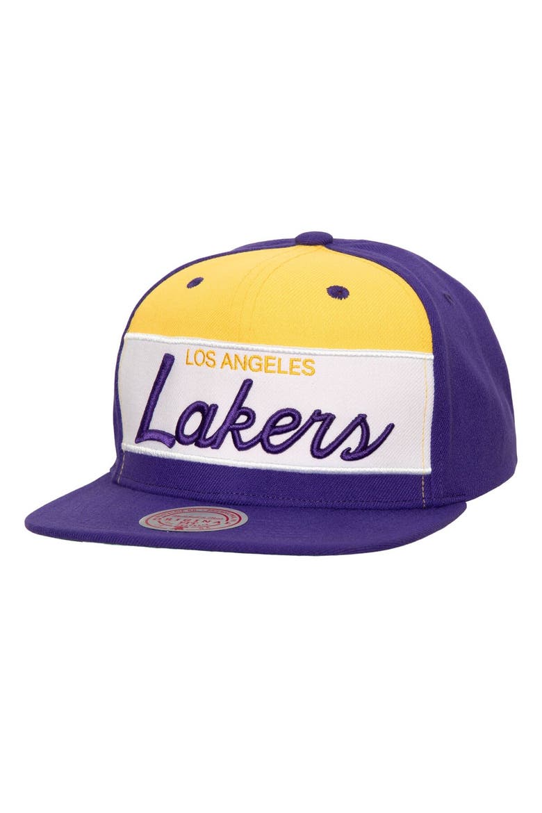 Men's Mitchell & Ness White/Purple Los Angeles Lakers Retro Sport Color Block Script Snapback Hat, Main, color, White
