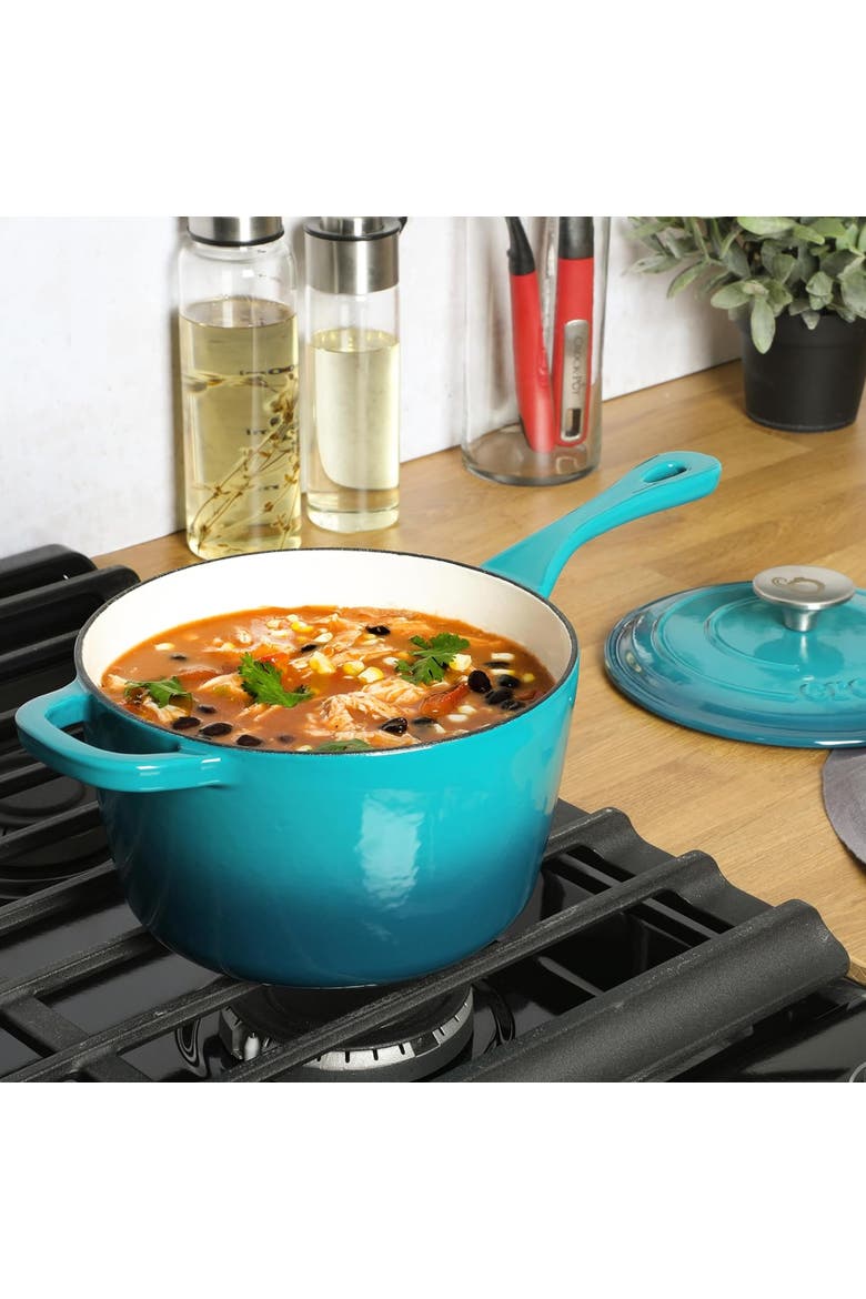 Artisan 3 Quart Enameled Cast Iron Saucepan with Lid, Alternate, color, Teal and Silver