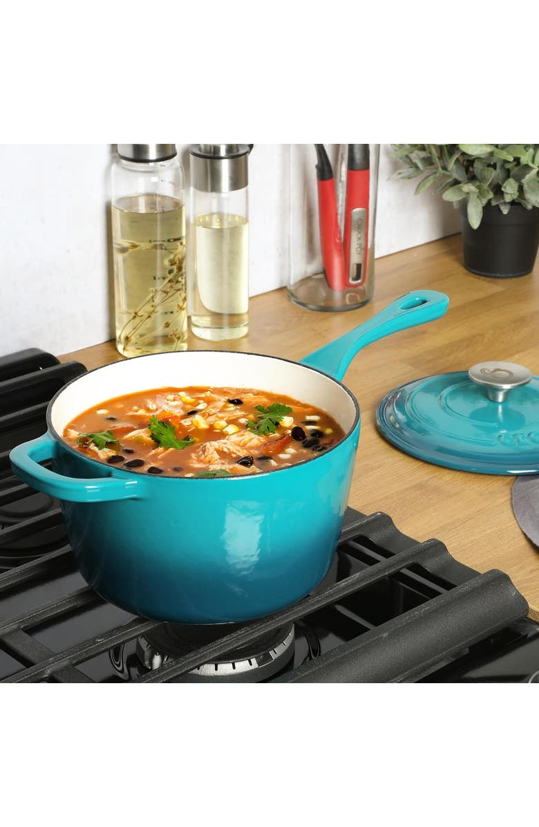 Crock-pot Artisan 3 Quart Enameled Cast Iron Saucepan with Lid, Alternate, color, Teal And Silver